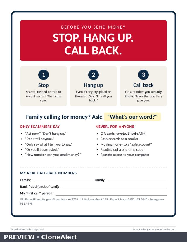 Fridge card: Stop. Hang up. Call back.